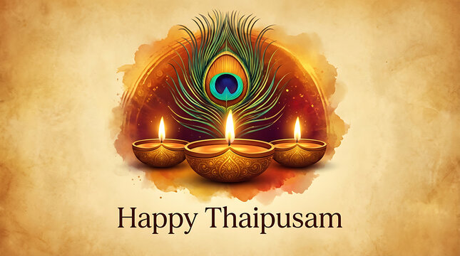 Happy thaipusam background with traditional oil lamps and peacock feather symbolizing lord murugan during the hindu festival of light and devotion for all spiritual prayers