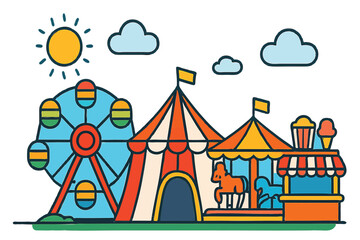 Vibrant cartoon amusement park scene with Ferris wheel, circus tent, and carousel on a sunny day, full of fun and excitement isolated white background