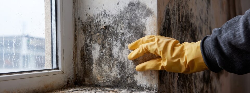 Cleaning mold from a wall near a window during a rainy day in an apartment