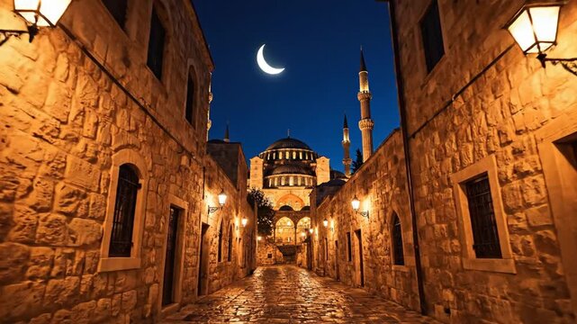 Traditional Stone Alleyway at Night Illuminated by Lanterns with a Mosque and Crescent Moon in the Sky
