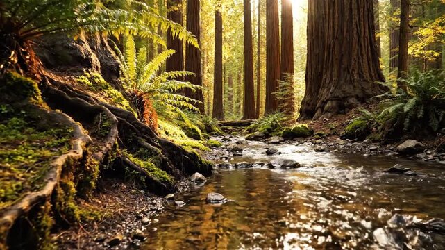 Forest stream meandering through mossy roots and ferns in sunlit woodland