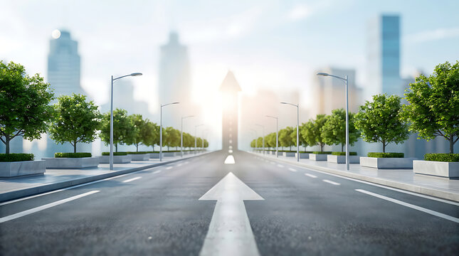 Modern city road leading towards a bright future with an arrow pointing forward symbolizing urban development progress and clear direction for business success