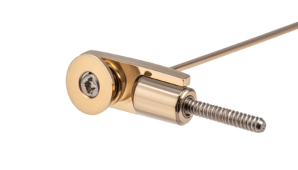 Close-up of shiny gold-colored mechanical component with rod and screw