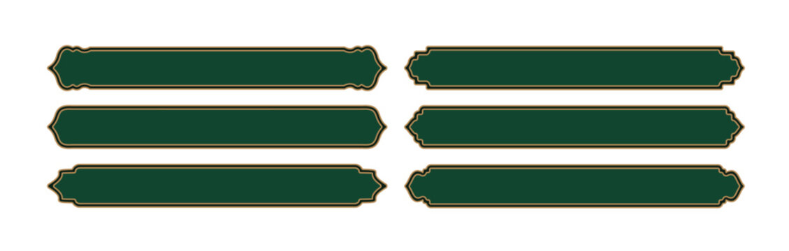 Islamic Ramadan frame with gold lines. Arabic design with Turkish ornaments and a green background. Arabesque ribbon stickers for banners, labels, and sales flyers.