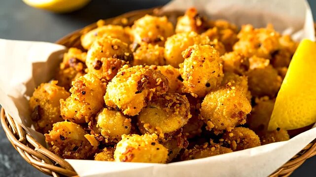 Close-up of golden, fried snacks with lemon wedge in a basket
