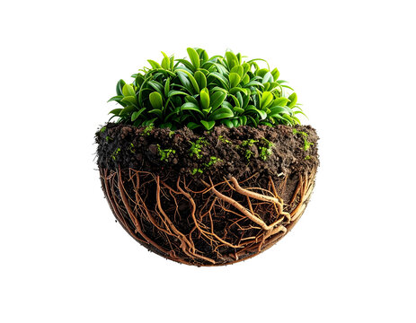 Half-earth globe of soil, roots, and vibrant green foliage