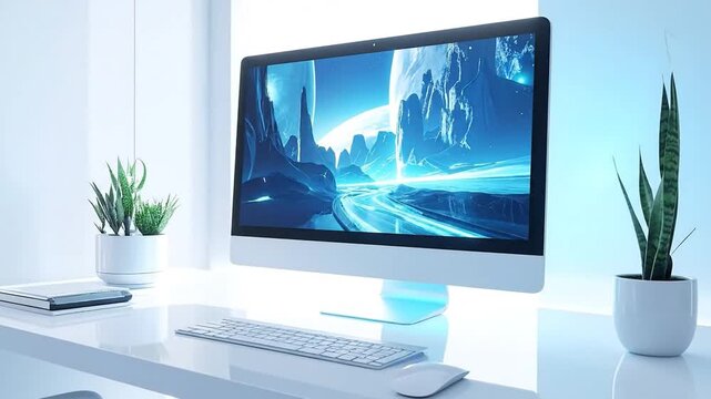 Modern workspace scene featuring a desktop computer with a futuristic landscape display and houseplants