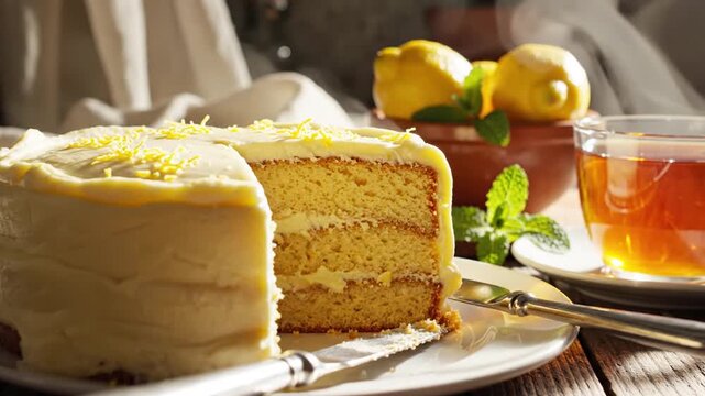 Fresh lemon cake on white plate with tea and lemon cluster in rustic setting