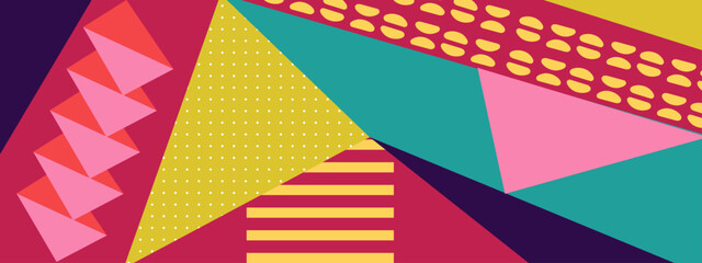 Multicolored abstract composition with bold triangles stripes and dotted patterns on a red base