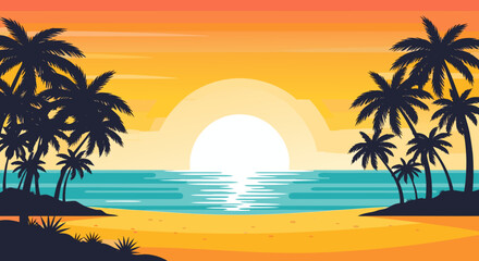 Vibrant tropical beach sunset vector illustration featuring silhouette palm trees and calm ocean waves, ideal for summer vacation and travel background designs