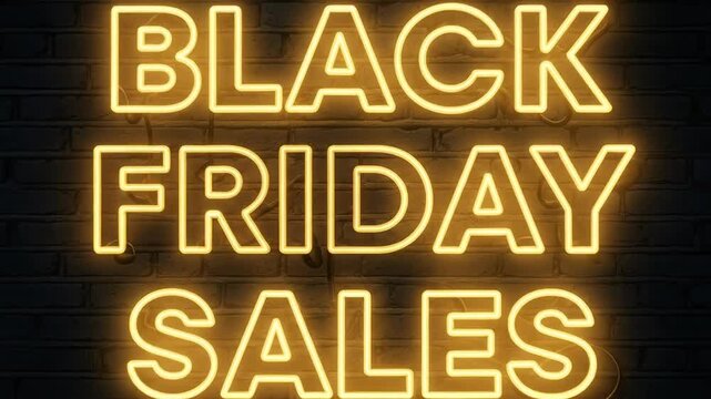 Glowing neon Black Friday sales sign on dark brick wall background. Modern retail promotion concept for discounts, shopping season, marketing campaigns, and holiday sales advertising.