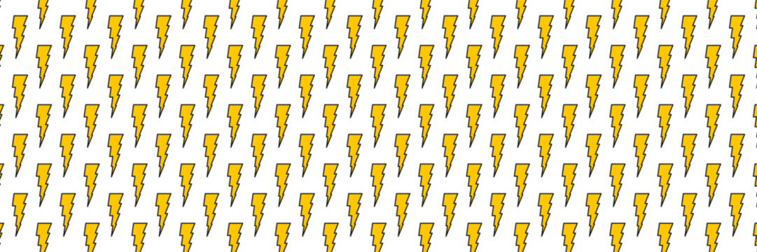 Yellow lightning bolts create an energetic pattern on white background. Electric thunder symbols in retro comic style for dynamic graphic design and vibrant poster concepts.