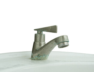 old rusty faucet white background.