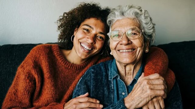Warm portrait of granddaughter embracing elderly grandmother at home showing family love trust emotional support intergenerational bond and caring relationship full of joy and tenderness