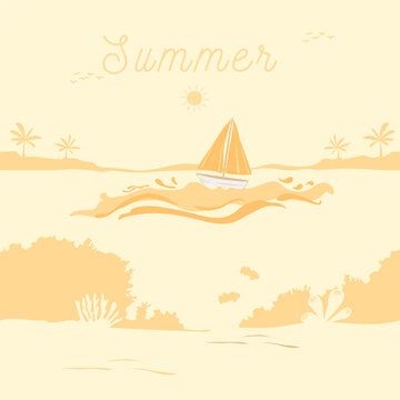 Vector illustration of a summer landscape featuring a boat on the sea with mountains and a sunset sky