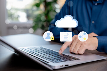 Cloud computing and data security concept showing digital document management, user authentication, and secure information access for modern business and enterprise systems.