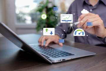 Business performance analytics and data monitoring concept showing dashboard metrics, workflow optimization, reporting, and strategic decision making for corporate growth.