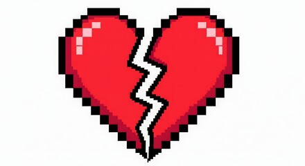 Obraz premium Broken red pixel heart icon symbolizing heartbreak, sadness, and emotional pain. Retro 8 bit style illustration suitable for games, mental health concepts, and emotional storytelling.