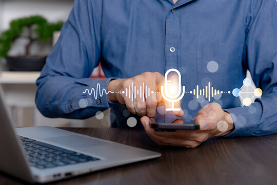 Artificial intelligence voice technology with speech recognition and audio waveform interface, showing digital communication, smart automation, and AI-driven voice control for modern technology.