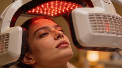 High-End Longevity-Zentrum: &Auml;sthetische Nahaufnahme einer entspannten Person bei einer modernen Lichttherapie-Behandlung, klinisch-reines Design, Wellness-Zukunft