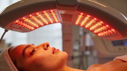 High-End Longevity-Zentrum: &Auml;sthetische Nahaufnahme einer entspannten Person bei einer modernen Lichttherapie-Behandlung, klinisch-reines Design, Wellness-Zukunft