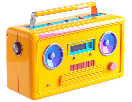 Bright yellow retro stereo, with blue and pink accents, set on white background
