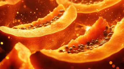 Vibrant Papaya Slices in Motion with Sparkling Particles