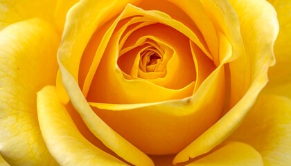 Close-up of a bright, vibrant yellow rose. Petals spiraling inward create a soft, delicate texture. The center is a deep, warm hue