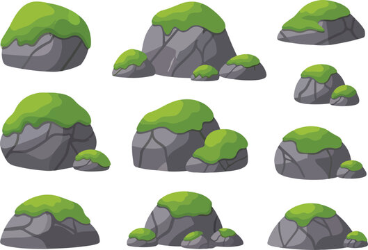 A charming collection of illustrated cartoon rocks covered in lush green moss, ideal for creating natural landscapes in games or animations