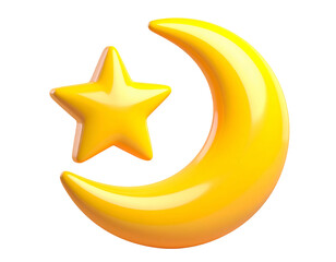 Glossy, golden crescent moon and five-pointed star on a stark black background