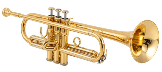 Obraz premium Golden trumpet isolated on white background, classic brass musical instrument used in jazz, classical and marching bands, symbolizing music, performance, sound, and creativity. PNG file.