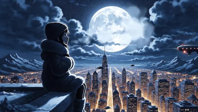 Animated character sitting on snowy rooftop ledge looking at illuminated futuristic metropolis under a massive moon