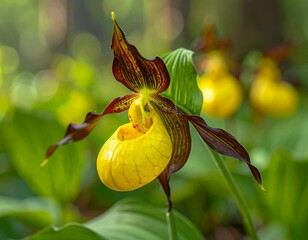 Yellow Lady Slipper Orchid in Forest.