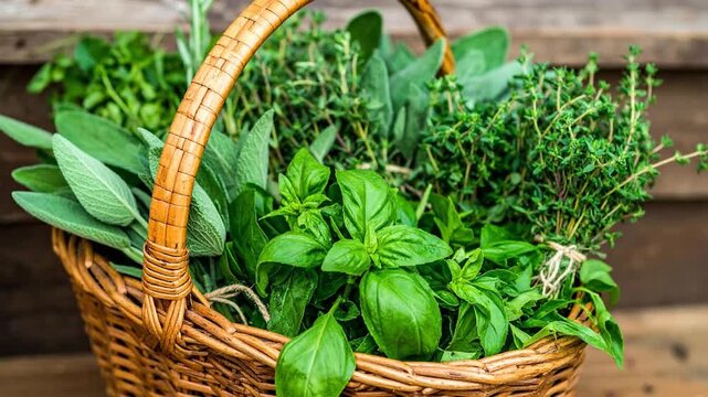 A rustic basket overflowing with a variety of fresh green herbs, displayed on a wooden surface