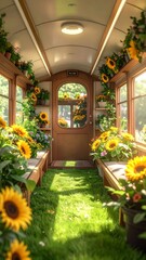 Sunflowers Inside a Train Car