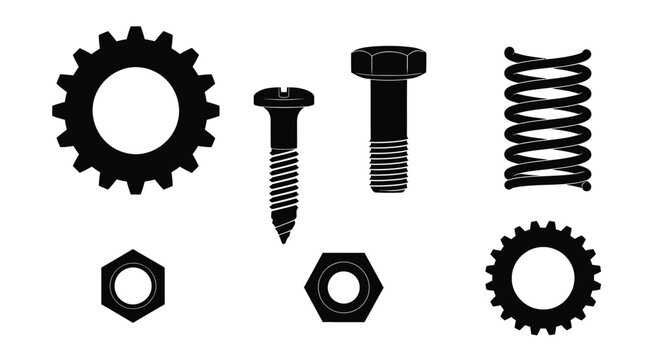 Industrial Fasteners and Mechanical Gears Icons Vector Set