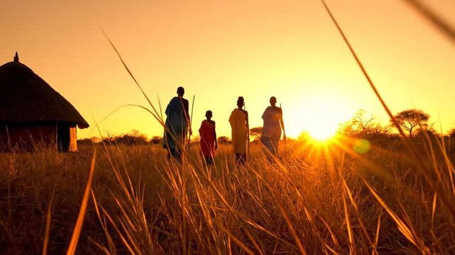 Golden Hour Serenity A Silhouette of a Family Walking Towards a Traditional Hut in the African Savanna at Sunset