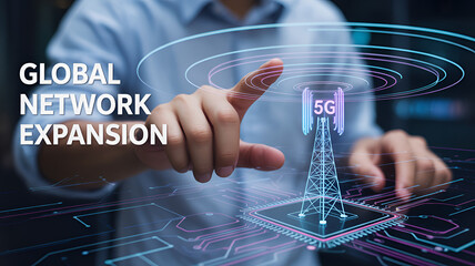 Man interacting with 5g network tower on digital interface for global expansion