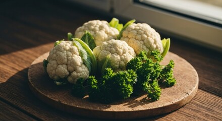 Four cauliflower florets with garnish on a wooden board, near a window, lit by sunlight