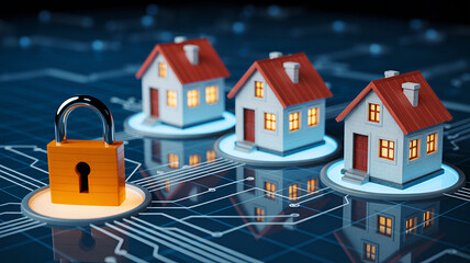 Three miniature houses with red roofs on digital circuit boards with an open orange padlock in front symbolizing home security and protection in a futuristic technology setting with blue
