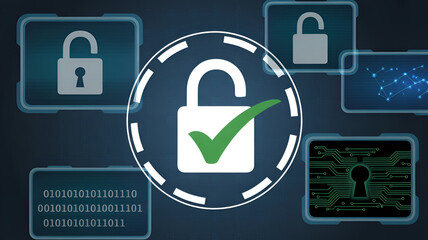 Secure data protection concept with padlock and checkmark icon surrounded by various lock symbols and digital elements on dark background with binary code and network visualization