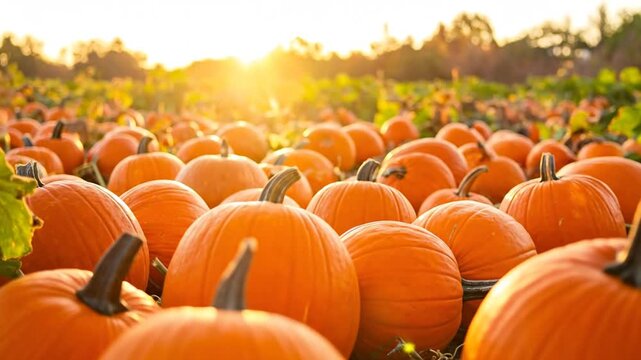 A field of ripe, orange pumpkins basks in golden sunlight. The ground is abundant