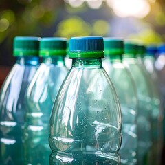 Row of filled clear plastic bottles with green & blue caps on reflective surface against blurry outdoor background