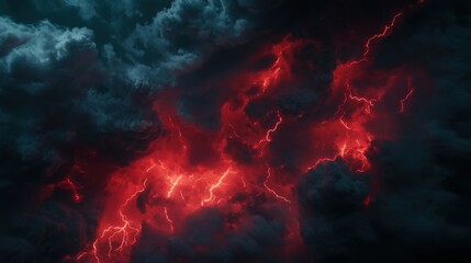 Fototapeta premium Dramatic Red Lightning Storm Illuminating Dark, Ominous, and Turbulent Clouds