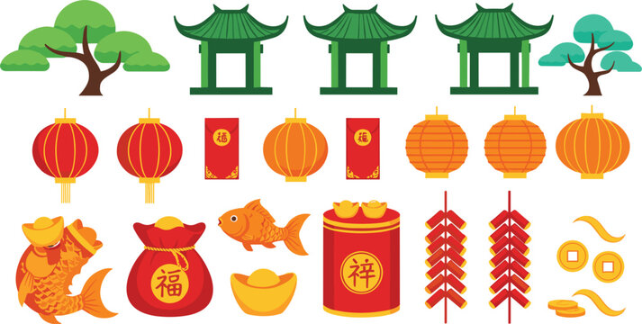 Decorative Chinese New Year icon set featuring red lanterns, lucky money envelopes, gold sycee, firecrackers, and traditional architecture for spring festival.