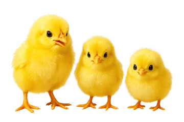 Three cute yellow chicks standing together on a white background with a bright and cheerful appearance white background cutout