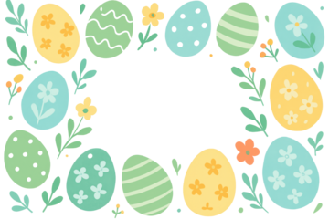 Colorful decorated easter eggs surrounded by flowers and leaves in a festive border design high-key lighting with cutout object