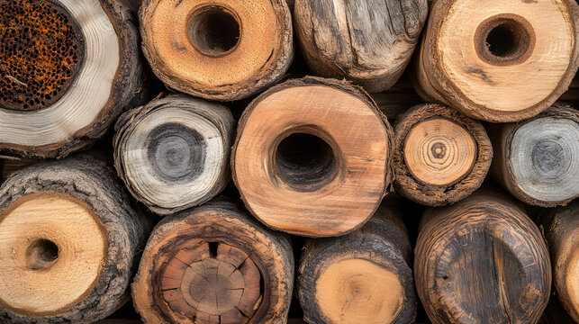 Wooden bee hotel with bees in a garden setting