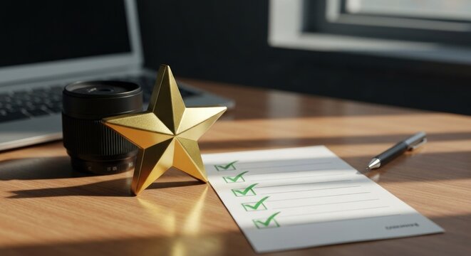Golden star beside checklist with green checkmarks, lens, pen, and laptop on wood desk