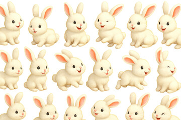 Obraz premium Cute collection of various white rabbits with pink ears in different poses and expressions png with transparency
